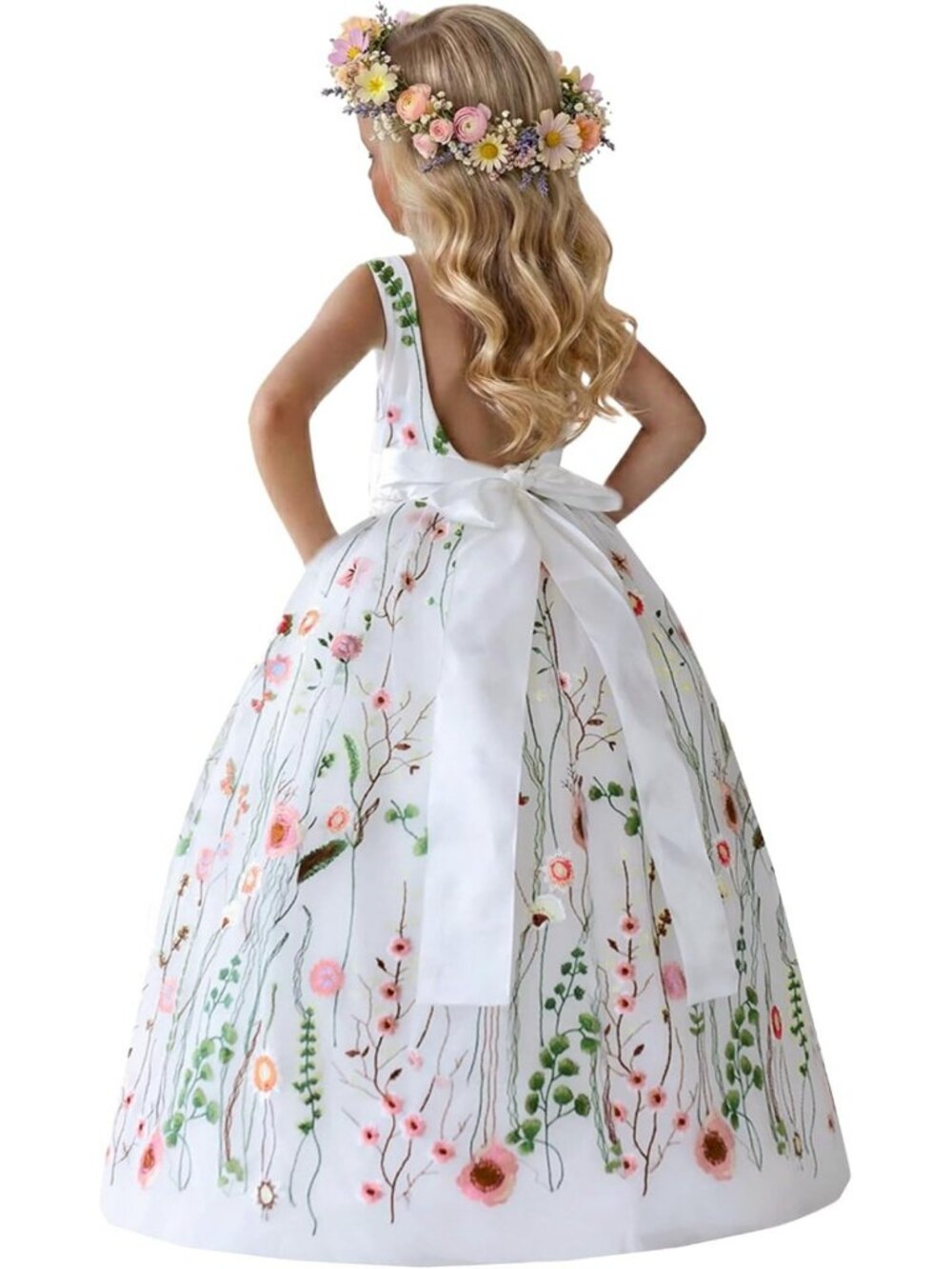 Floral Embroidered Tulle A-Line Dress with Back Bow | Flower Girl Outfit